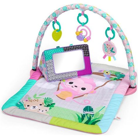 BRIGHTS STARTS Tappeto da gioco pieghevole rosa per neonati, arco giochi, 5 giocattoli per neonati, specchio, carte, abaco e anello da dentizione