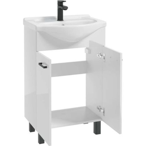 Meuble de salle de bains avec vasque laquée blanche 84x55 mm équipée d'un robinet et d'un siphon. (1/5)