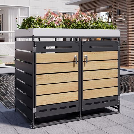REDOM Copribidoni 2 scomparti, fioriera integrata, ventilazione anti odori, serrature e catene di sicurezza, ferro nero (1/5)
