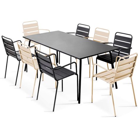 Ensemble table de jardin et 8 fauteuils en métal ivoire et gris - Palavas (1/5)