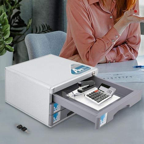 Coffre de rangement à 3 niveaux en alliage d'aluminium, tiroir de bureau avec boîte de rangement à clé, boîte de rangement pour documents avec étiquette amovible, armoire à dossiers. (1/5)