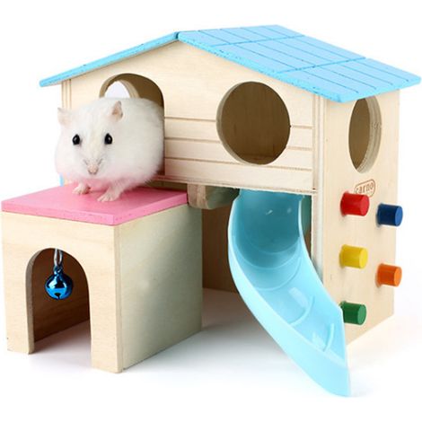 Maison Pour Hamster - Maison En Bois Naturel À Deux Niveaux Avec Glissière Et Échelle - Cachette Pour Rongeurs - 1 Pièce