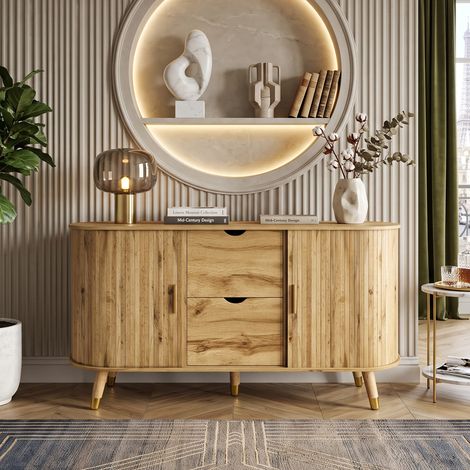 Creahappy Enfilade Buffet 140x40x79.5 cm avec Rangement - Optimisation de l'Espace - Portes Coulissantes & 2 Tiroirs - Bois Naturel (1/5)