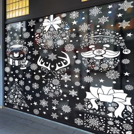 Autocollants de Noël, flocons de neige blancs, cadeaux, sapin du Père Noël, autocollants pour fenêtres, bonhomme de neige, chaussettes de Noël, rennes, décorations de fenêtres, autocollants statiques.