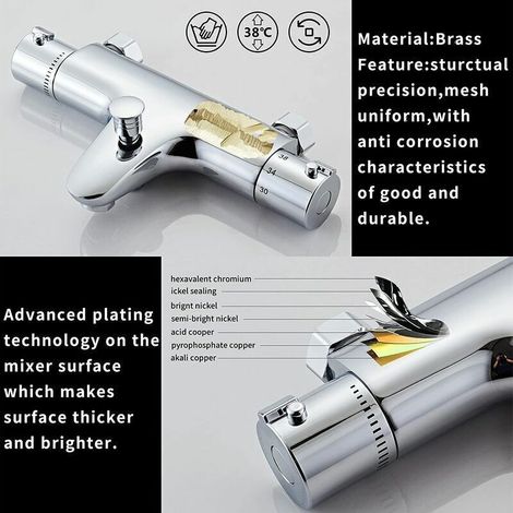 Thermostat-Badarmatur, Thermostat-Badewannenarmatur, Duschmischer mit Temperaturregelung, Messing, Chrom-Finish, Badewannenmontage (1/5)