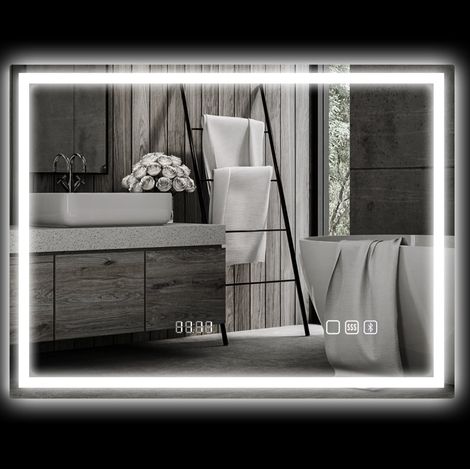 Espejo LED de baño 80 x 60 cm Bluetooth, reloj, antivaho, plateado OKMYHOME (1/5)