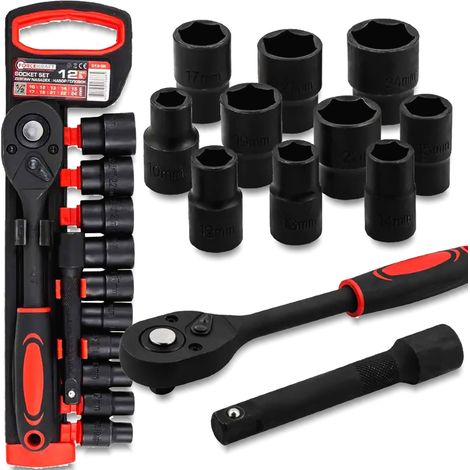Juego de llaves de vaso Forcekraft de 1/2", trinquete, extensión, 12 piezas, 10-24 mm (1/5)