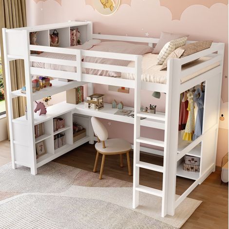 Letto a soppalco 140x200 cm, con scrivania, scaffali e armadio, pino e MDF, bianco (1/5)