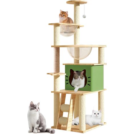 Arbre a Chat Haut 140 cm -Arbre a Chat Beige-avec 2 Capsule Spatiale, 1 Maison pour, Griffoir pour et échelle, 1 Perchoir,1Balle Joue. (1/5)
