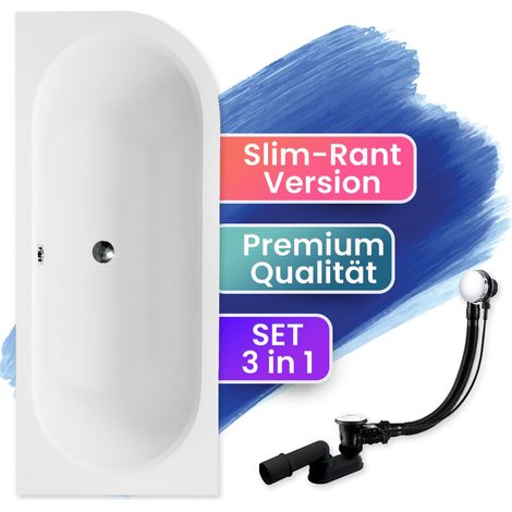 Badewanne Eckbadewanne 160x75 Links, Ablaufgarnitur & Füßen GRATIS - Komplettset 3in1 Original Acryl Wanne Premium Siphon - BADLAND AVITA SLIM (1/5)