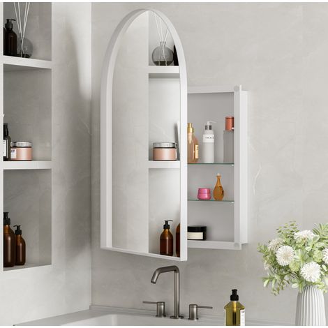 Mueble de baño con espejo arqueado 91 x 61 x 12 cm, blanco, metal y vidrio templado HAVRYA (1/5)