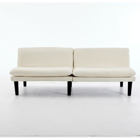 Canapé 2 places beige avec dossier 3 positions, pieds ronds en plastique noir, revêtement velours côtelé (1/5)