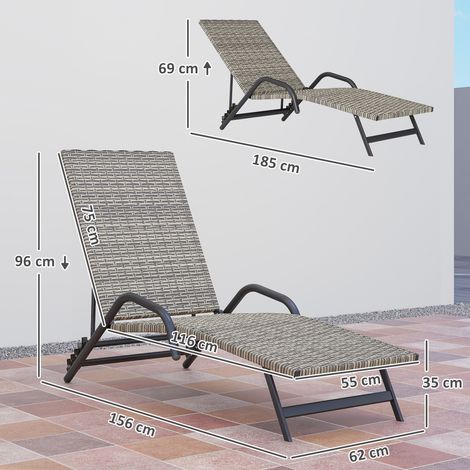 Bain de soleil chaise longue en résine tressée forme S, inclinable 4 niveaux, 156x62x96cm, marron (1/5)
