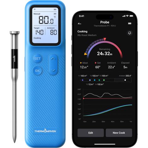 Wireless Bluetooth Smart Meat Thermometer Base Station Unlimited Range Accuracy App Alerts for BBQ Oven Smoker (Ocean Blue) (1/5)