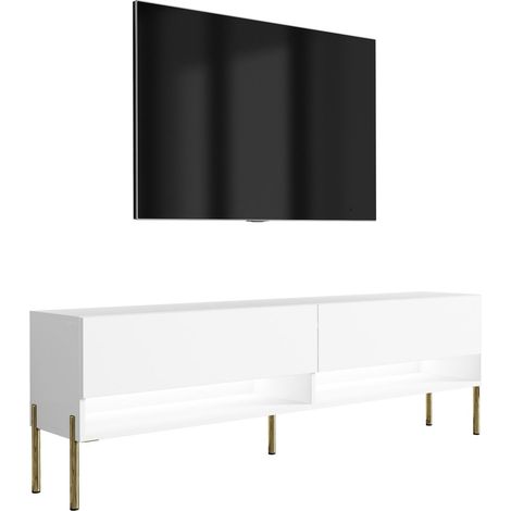 Meuble TV 170 cm Blanc Mat, pieds droits dorés, LED blanche, 170 × 32 × 52 cm (1/5)