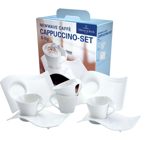 ensemble à cappuccino pour 4 personnes, 8 pièces, tasses à café en porcelaine, design blanc arrondi, adapté au lave-vaisselle (1/5)