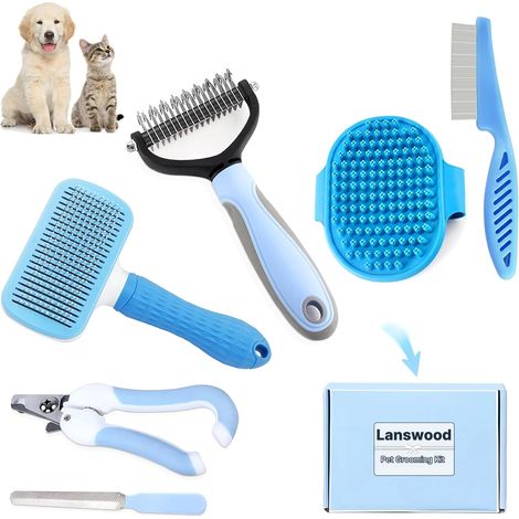 Brosse Pour Chien Brosse Pour Chat 6 pièces Kit Toilettage Chien, Brosse Chat, Brosses Chien Sous Poil, Tondeuse et Coupe-poils, Peigne Anti-puces, Kit de Bain - Bleu (1/5)
