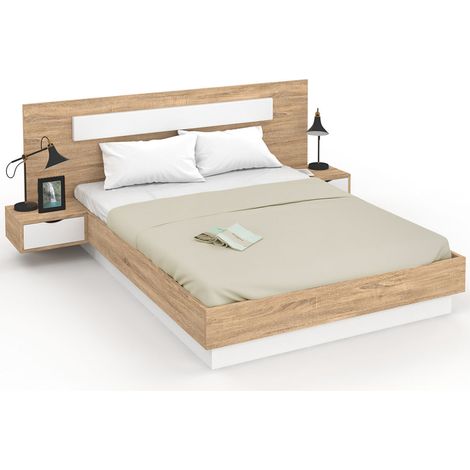 Idmarket – Lit double SANTA 160 x 200 cm – Tête de lit avec chevets intégrés – Sommier à lattes en bois blanc – Design moderne et lumineux