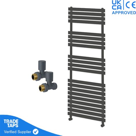Designer Delta Anthracite Flat Panel Towel Radiator Heated Ladder Rail - 1424 x 500mm - Straight Manual Round Valve Pair (1/3)