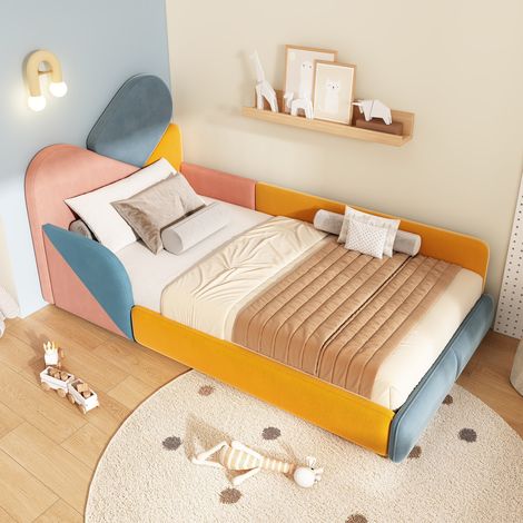 Cama infantil 90x200 cm, cama con barrera de seguridad anticaídas y cabecero acolchado suave, en terciopelo estilo patchwork, Multicolor (1/5)