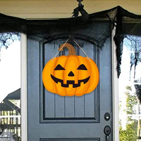 Türschild zur Wandmontage, Halloween-Kürbis aus Holz zum Aufhängen an der Haustür, Türdekoration, Halloween-Wandplakette für die Außenwanddekoration (1/3)