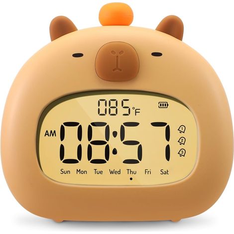 Capybara Children's Alarm Clock - Bedside Alarm Clock with Night Light - 3 Alarm Settings - LED Display of Date, Time and Temperature - Rechargeable for Boys and Girls