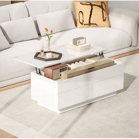 Tavolino rialzabile con vano nascosto e 2 cassetti, 102 x 48 x 40 cm, bianco lucido DESVIAE (1/5)