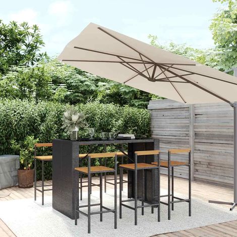 Ensemble Table de bar + 6 Chaises de bar de jardin - Table Haute avec 6 Tabourets noir poly rotin/bois massif acacia BV756112 - BonneVie (1/5)