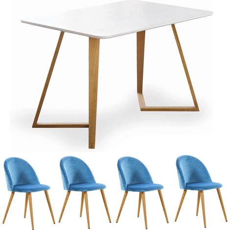 Dallas Lucia Dining Set - a White Wooden Dining Table and Set of 4 Blue Velvet Dining Chairs - Dining Room Kitchen (1/5)