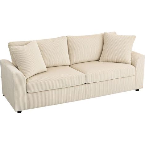 Canapé 3 places 212 cm avec 2 coussins à ressorts, tissu velours côtelé, pour salon, chambre, bureau à domicile, crème (1/5)