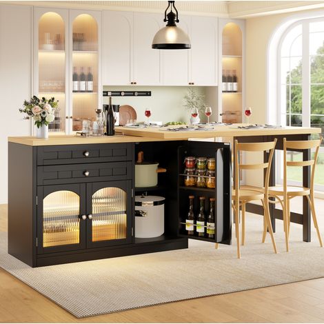 Tavolo da bar a isola allungabile 120-194 cm con piano girevole a 360°, tavolo da cucina con contenitore, in MDF nero (1/5)