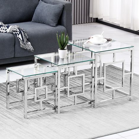 AINPECCA Nest of 3 Tables Coffee Table 3 Set Unit Clear Tempered Glass Table Top Side End coffee table(Clear glass+silver legs) (1/5)