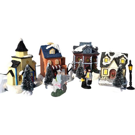 Village de Noël en Résine avec LED - Kit Décoratif Festif (4 Maisons, 8 Personnages, Arbres et Lampadaire) - Dimensions 21.5 x 7.5 x 36.5 cm (1/5)