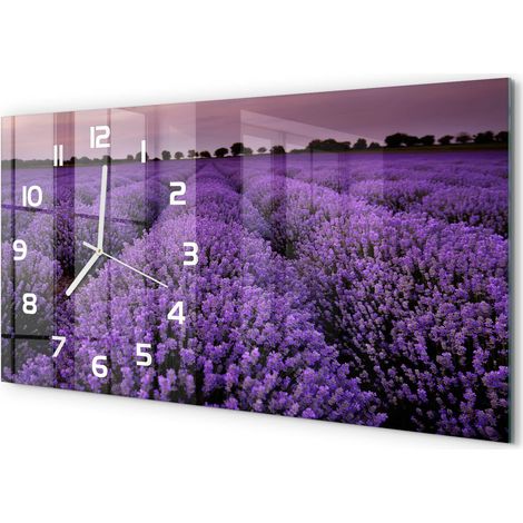 Horloge Tableau Murale 60x30 cm Verre Décoratif Silencieux Design Contemporain Champ de lavande (1/5)