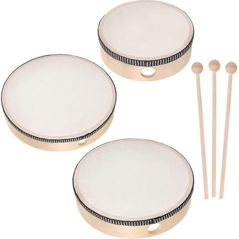 Ensemble de 6 tambours à main pour enfants (6 pièces) avec cadre en bois, mesurant 6, 8 et 10 pouces.-25.5X25.5CM
