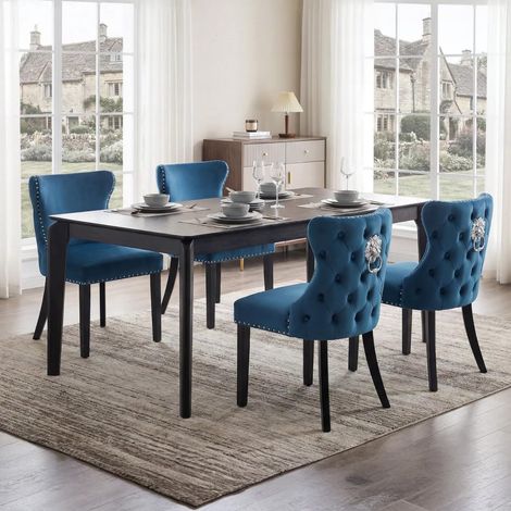 Wahson Dining Chairs 4Pcs in Velvet Upholstered Leisure Chairs with Wood Legs for Kitchen Living Room Restaurant, Blue