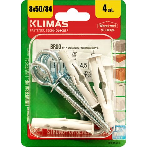 Chevilles Universelles Klimas 8 x 84 Avec Crochet Oeillet, Blister De 4