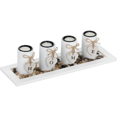 Relaxdays Portacandele Decorativo con Vassoio e Pietre, Lungo 39,5 cm, Decorazione per Tavolino e Soggiorno, Bianco
