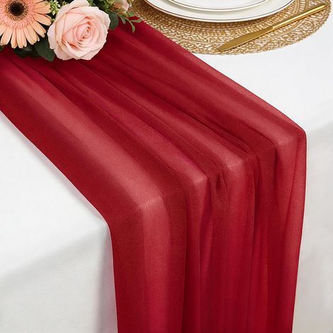 Chemin de table mousseline rouge foncé 77x300 cm, doux et élégant pour mariage bohème, fête, baptême, baby shower ou cuisine. (1/5)