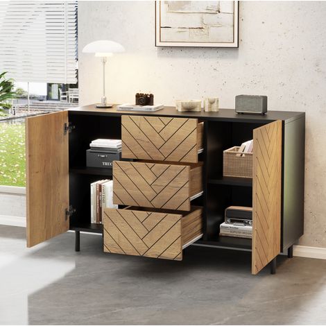 Aparador 3 cajones y 2 puertas, 120x40x76 cm, gran almacenaje, en tableros de partículas, decoración madera natural y negro mate (1/5)