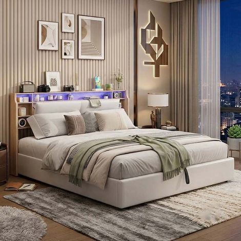 Creahappy Lit Coffre 160x200 cm avec LED et Rangement - Optimisation Espace Tête de Lit Étagère - Simili Cuir PU Blanc (1/5)