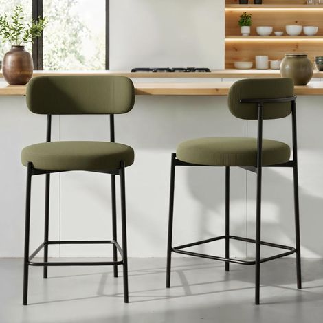 Lot de 2 tabourets de bar H65cm rembourrés velours côtelé kaki et pieds métal noir IRIS (1/5)