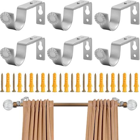Lot de 6 supports de tringle à rideaux robustes et réglables pour tringles à rideaux avec vis, tringle murale résistante à la rouille pour chambre à coucher, bureau, salle de bain, argenté
