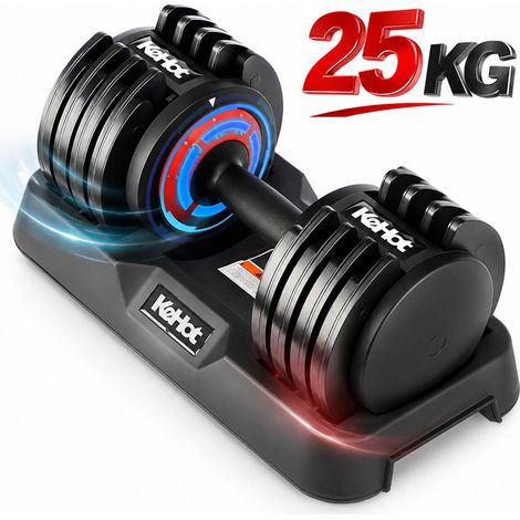 Haltère Réglable 25 kg avec 5 Niveaux de Poids, Réglage Rapide, Plaques en Acier au Silicium, Poignée Antidérapante et Support Inclus, Équipement Compact pour Entraînement à Domicile (1/5)