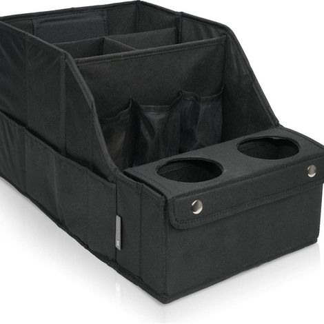 Organizzatore per seggiolino auto - Borsa portaoggetti per auto - Scatola portaoggetti - Con portabicchieri - Contenitore per sedile posteriore, perfetto per riporre bambini e giocattoli - Nero (1/4)