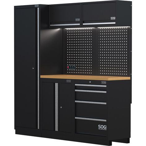 Arredamento modulare in lamiera SOGI ARR-OFF-1960-L per officina e garage - piano in legno - 1960x465x2000 mm (1/5)
