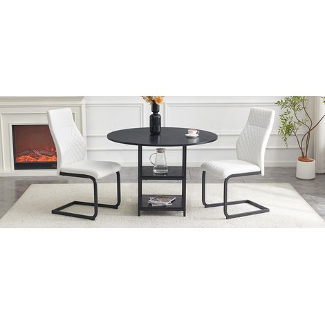 Ensemble table ronde 107 cm avec double rangement et 2 chaises blanches à motif losange en MDF et métal style industriel (1/5)