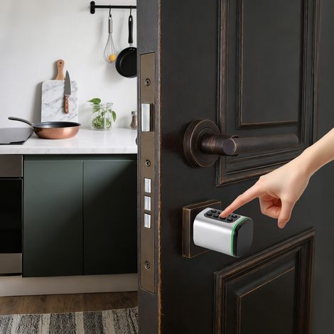 YISSALE-Serrure électronique à code et empreinte digitale - Serrure de porte d’entrée connectée pour maison intelligente - Cylindre intelligent avec interface de secours - Argenté (1/5)