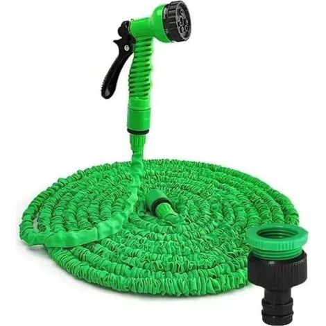Tubo da giardino estensibile con pistola a spruzzo a 7 stadi, 2 raccordi filettati interni e raccordo filettato per rubinetto, verde, 22,5 m (1/5)