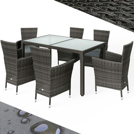 CASARIA® 6+1 Polyrattan Outdoor Dining Furniture Set 150x90cm Glass Top Table 6 Poly Rattan Stackable Armchairs with 7cm thick Cushions Garden Patio Balcony Seating Group Grey (1/8)